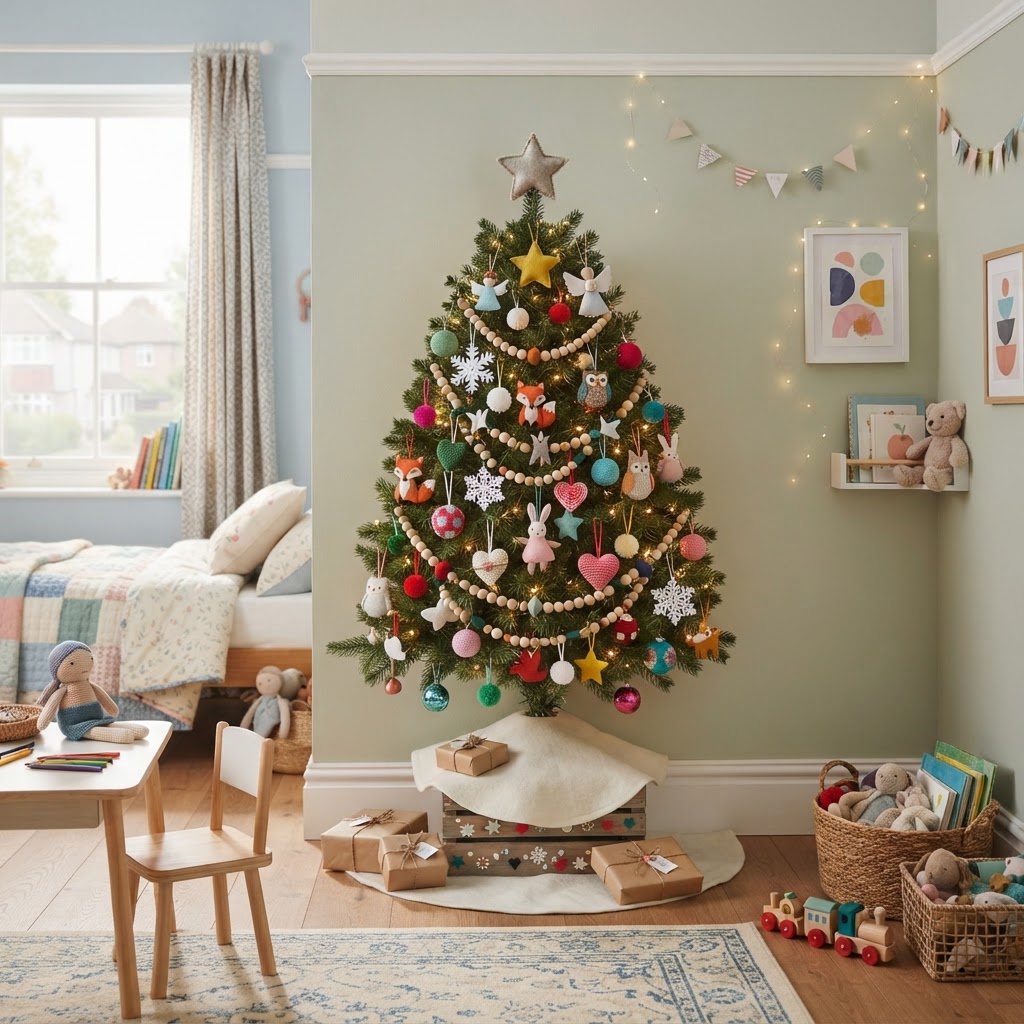 Christmas tree in a child's bedroom decorated with colourful felt and paper ornaments