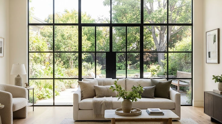 Modern living room with floor-to-ceiling black grid windows overlooking a garden