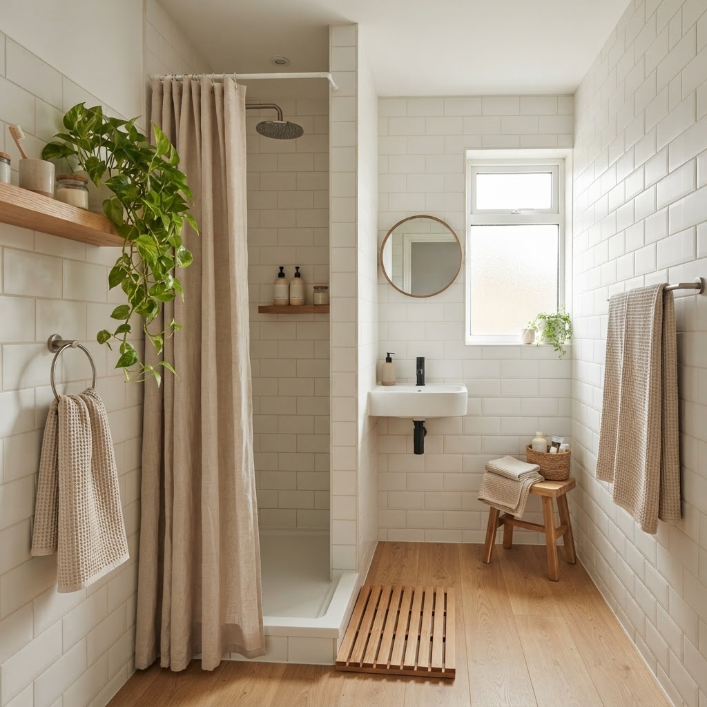 Small white tiled bathroom with a linen shower curtain, waffle towels, a wooden bath mat and a trailing pothos