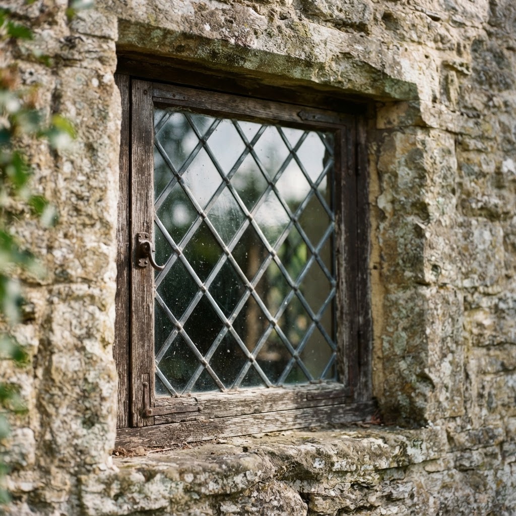 Close-up of a leaded diamond-pane cottage window in an old stone wall