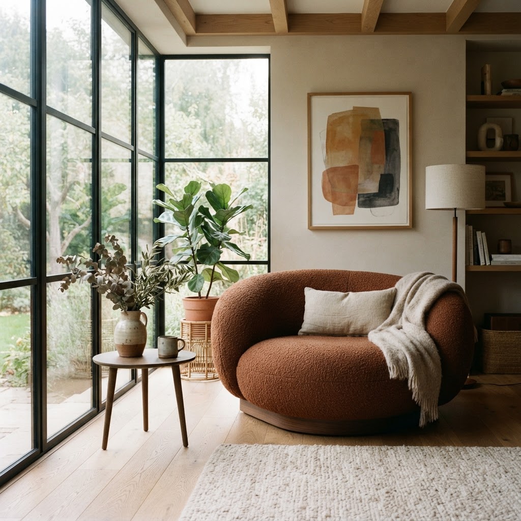 Rounded sculptural lounge chair in rust textured wool beside a window in a calm living room