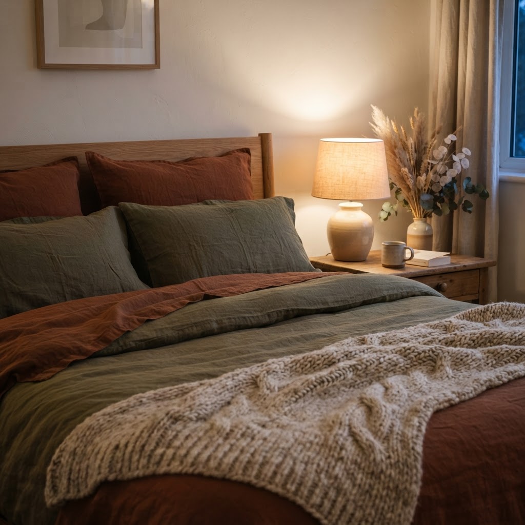 Cosy autumn bed with rust and olive linen bedding, a chunky knit throw, a warm bedside lamp, dried grasses and soft evening light