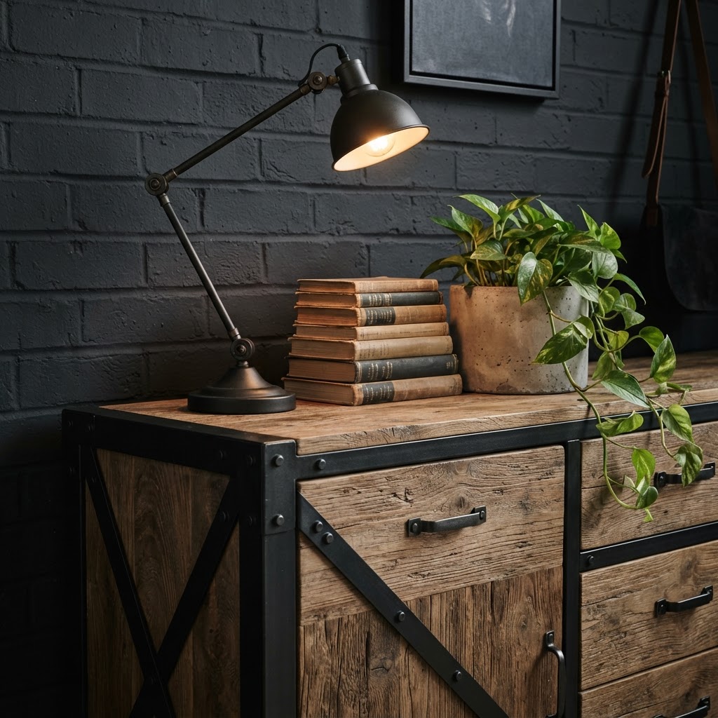 Close up of industrial furniture details: a reclaimed wood sideboard on a black steel frame with visible bolts, an adjustable black metal desk lamp, a stack of old books and a concrete planter with a trailing plant against a charcoal painted brick wall