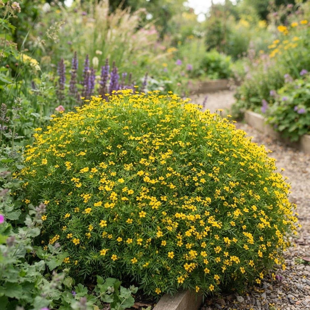 Mound of lacy foliage covered in tiny lemon yellow signet marigold flowers