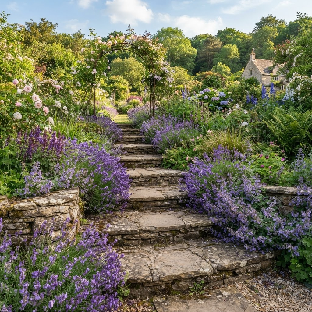 Wide natural stone garden steps with lavender and catmint spilling over the edges