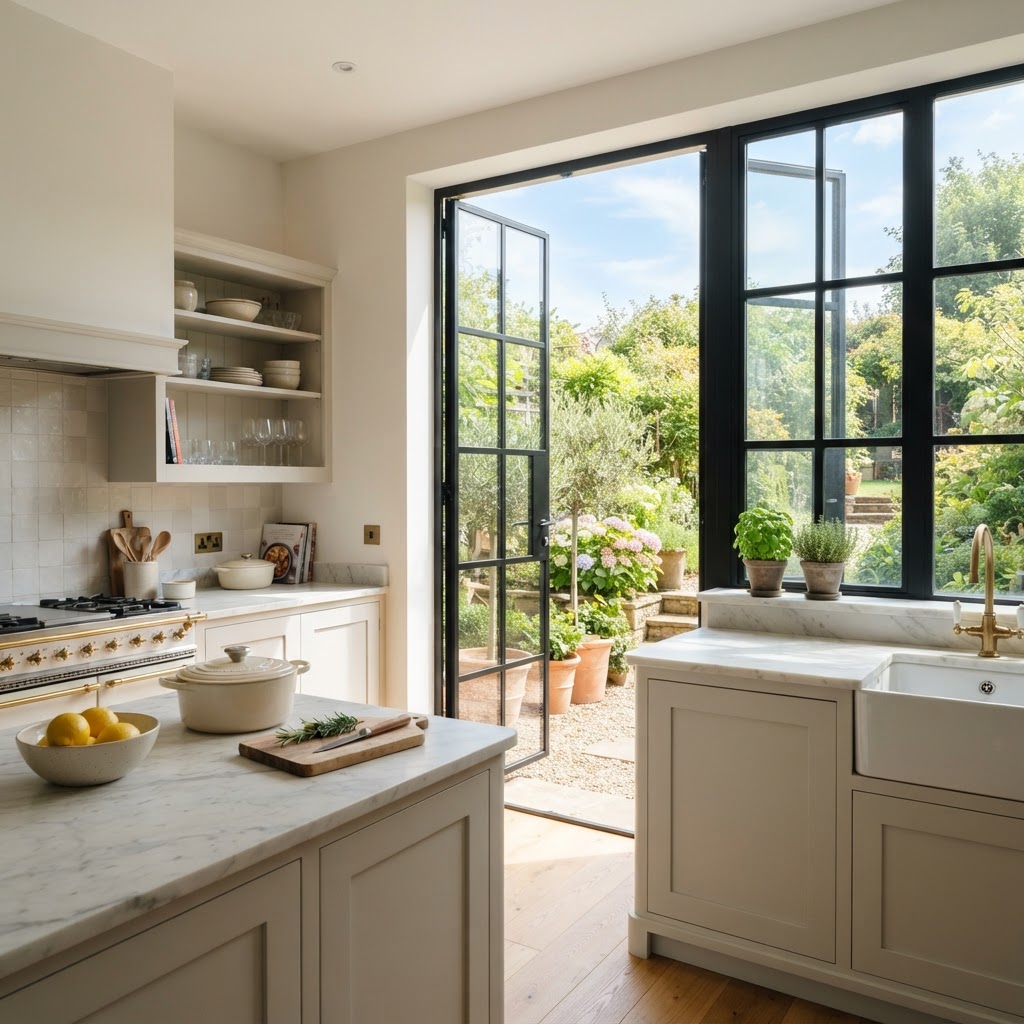 Black steel glazed casements opening from a modern kitchen onto a garden