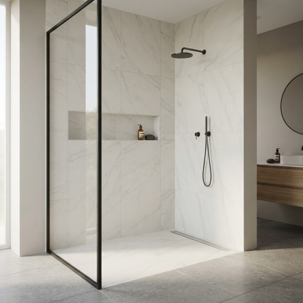 Walk-in shower lined with large-format marble-look porcelain tiles and few grout lines