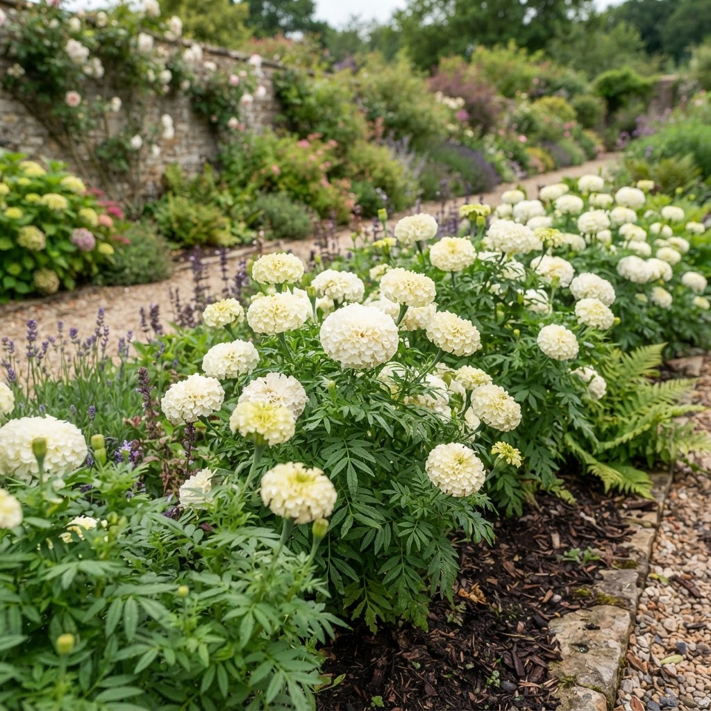 Large creamy white African marigold flowers in a garden border