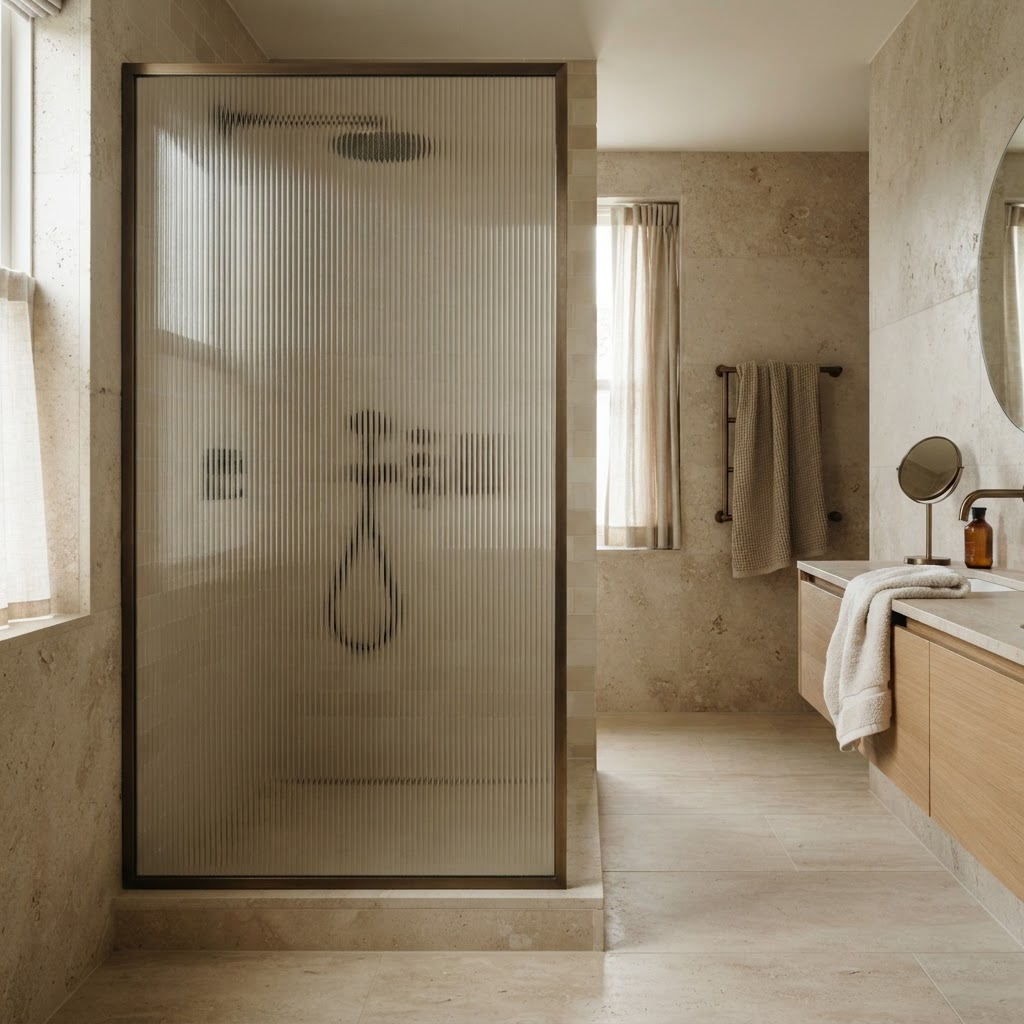 Reeded glass shower screen with a slim bronze frame in a natural stone bathroom