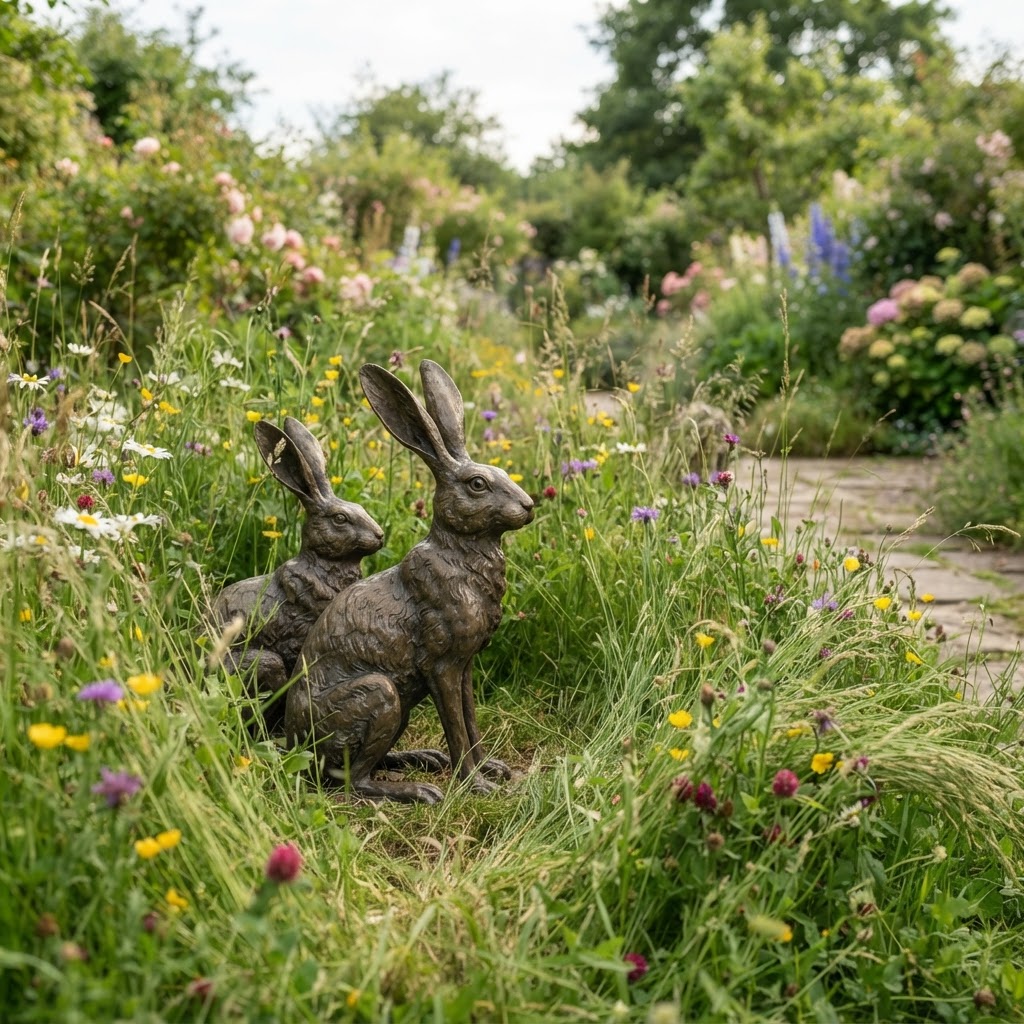 Bronze hare sculptures sitting in long meadow grass with wildflowers