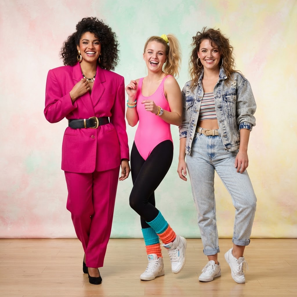 Three women in 1980s inspired outfits against a pastel backdrop: a fuchsia power suit with a wide belt, a neon pink leotard with black leggings and leg warmers, and an acid wash denim jacket with a cropped striped top and high-waisted jeans