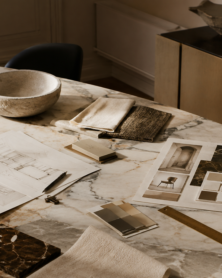 Magda's interior design studio: fabric swatches, mood board and sketches