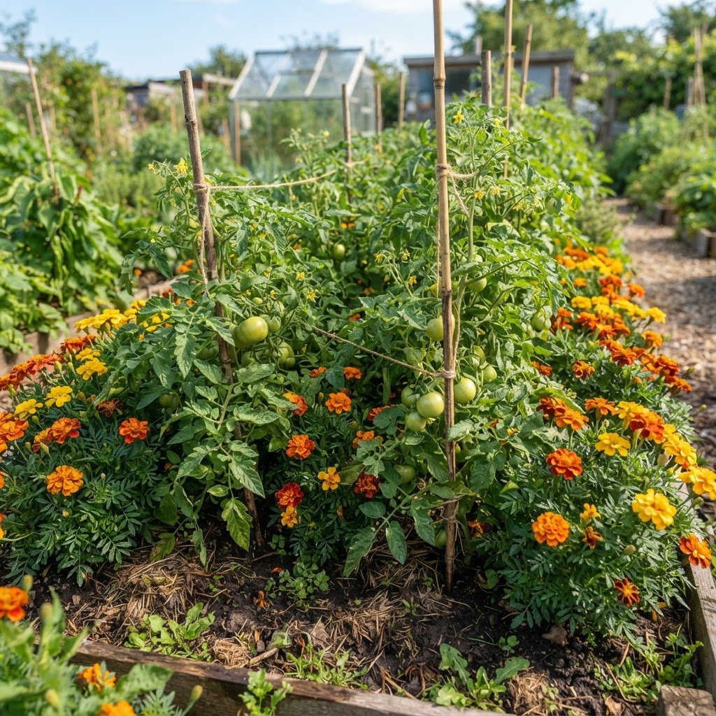 French marigolds planted among tomato plants in a vegetable garden