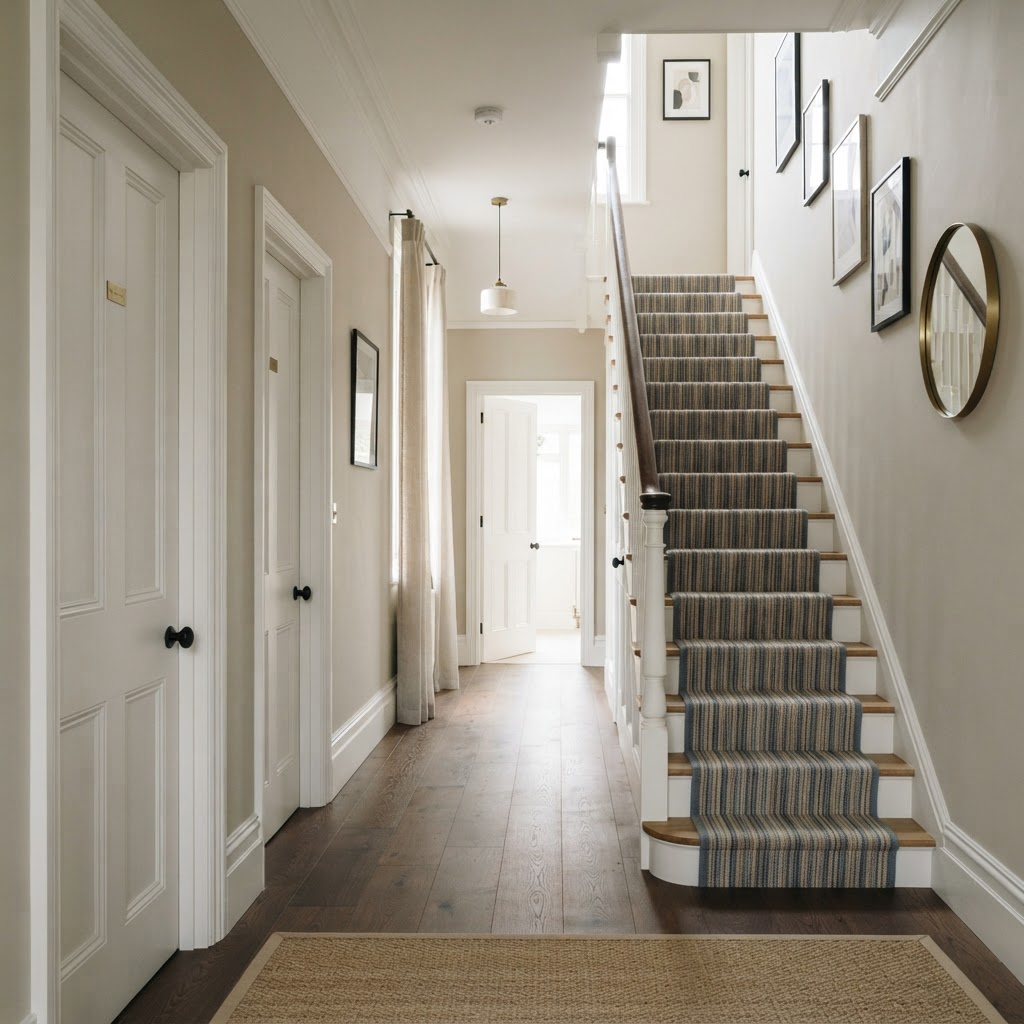 Hallway painted a light warm greige with white panelled doors and a striped stair runner