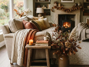 Cosy autumn living room with a cream sofa, chunky knit throw, rust and mustard cushions, dried autumn leaves and a lit wood burner
