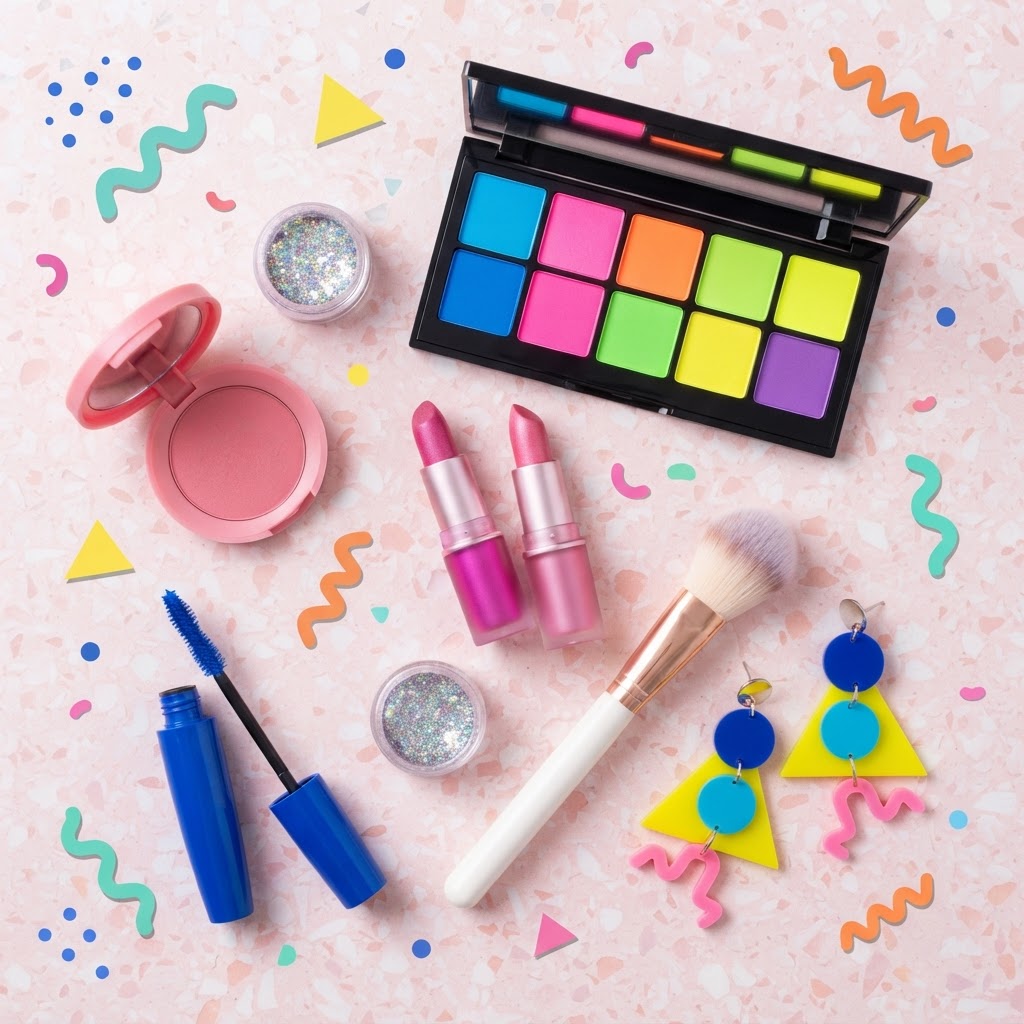 80s inspired makeup flat lay with a bright neon eyeshadow palette, frosted pink and fuchsia lipsticks, a pink blush compact, blue mascara, glitter, a makeup brush and geometric earrings on a pastel background