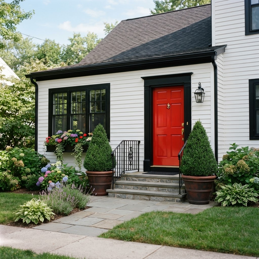 Front entrance of a white clapboard house with black window frames and trim and a glossy red front door, a black lantern, potted topiaries and stone steps