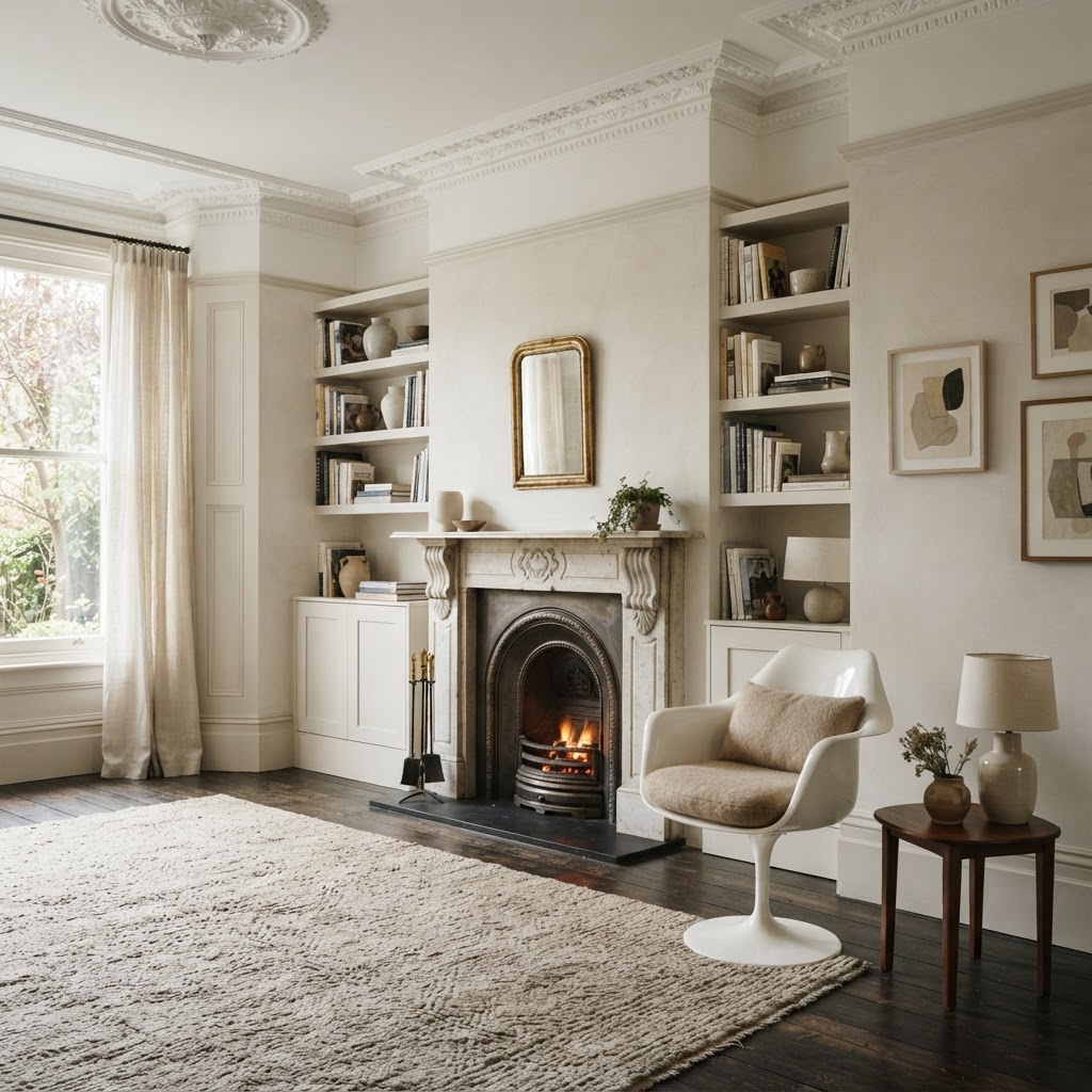 White mid-century style pedestal chair beside a period fireplace in an elegant living room with ornate cornicing