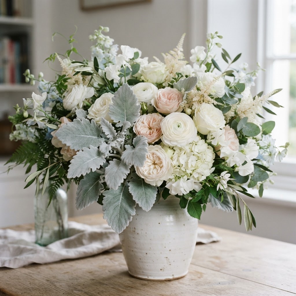 Soft silver white dusty miller leaves among white and blush flowers in a bouquet