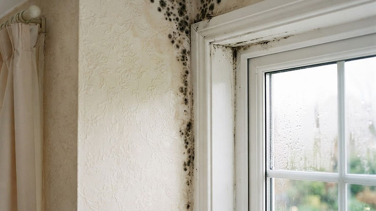 Black mould spots spreading down the corner of a cream floral wallpapered wall beside a white window frame with condensation on the glass