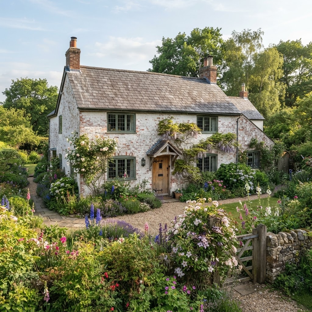 Limewashed brick cottage with a soft, chalky, mottled white finish, a slate roof, a wooden door and a cottage garden full of roses and foxgloves