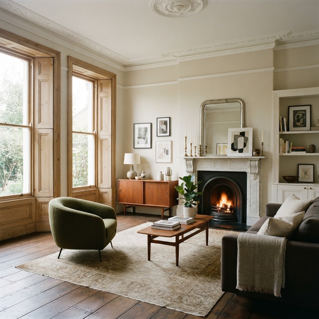 Victorian living room with ornate cornicing, a ceiling rose, a marble fireplace and tall shuttered sash windows, furnished with a mid-century walnut sideboard, a green curved armchair and a teak coffee table
