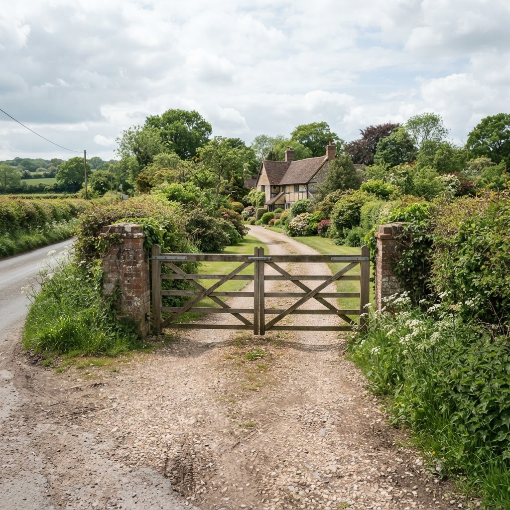 Country driveway with a wooden five-bar gate between brick pillars