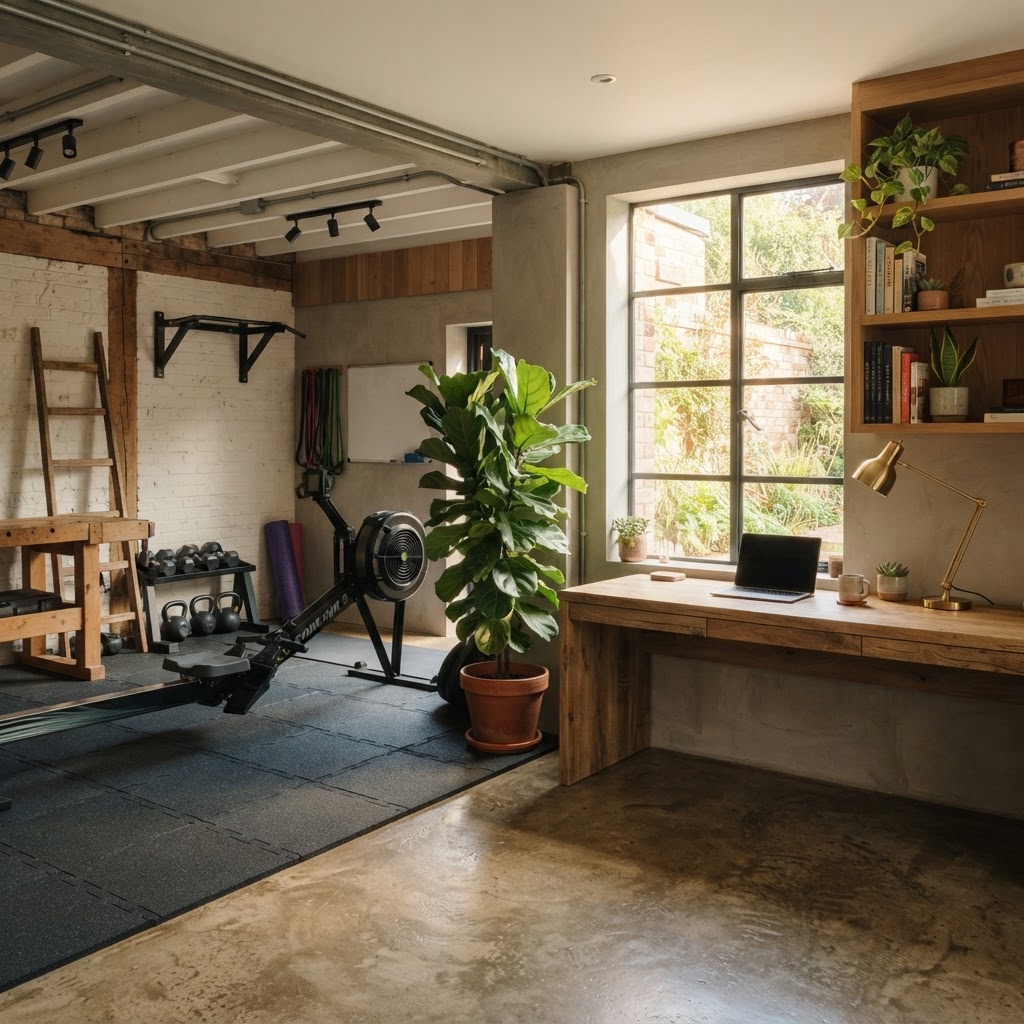Garage converted into a home gym and workspace with charcoal rubber floor tiles, a rowing machine, kettlebells, a large potted plant and an oak desk with a lamp by the window
