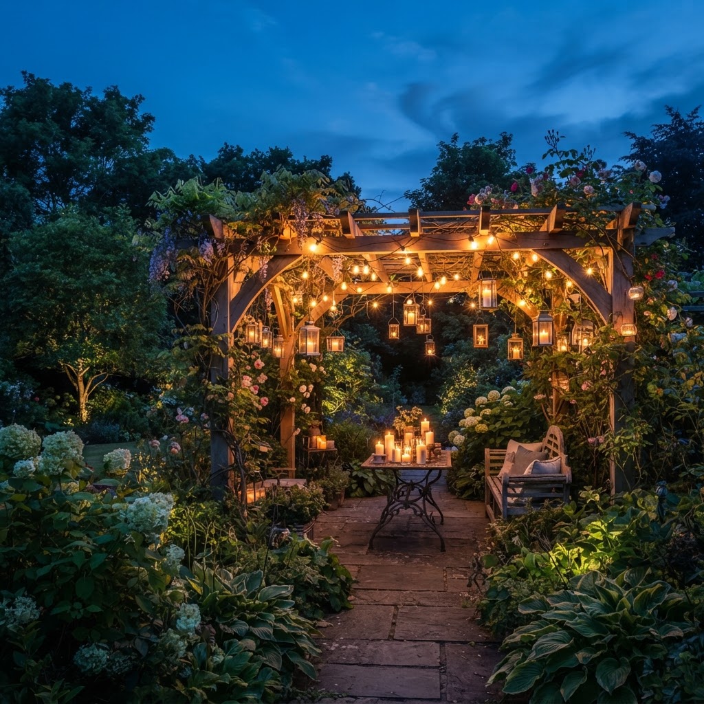 Pergola lit with hanging lanterns and candles at dusk