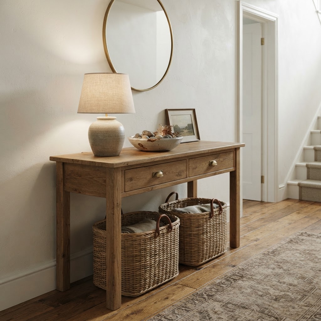 Wooden hallway console table with drawers, a table lamp and two baskets underneath