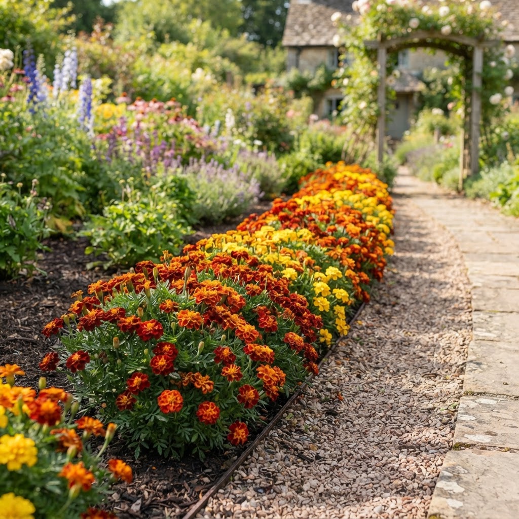 Compact French marigolds in orange, yellow and mahogany edging a garden bed