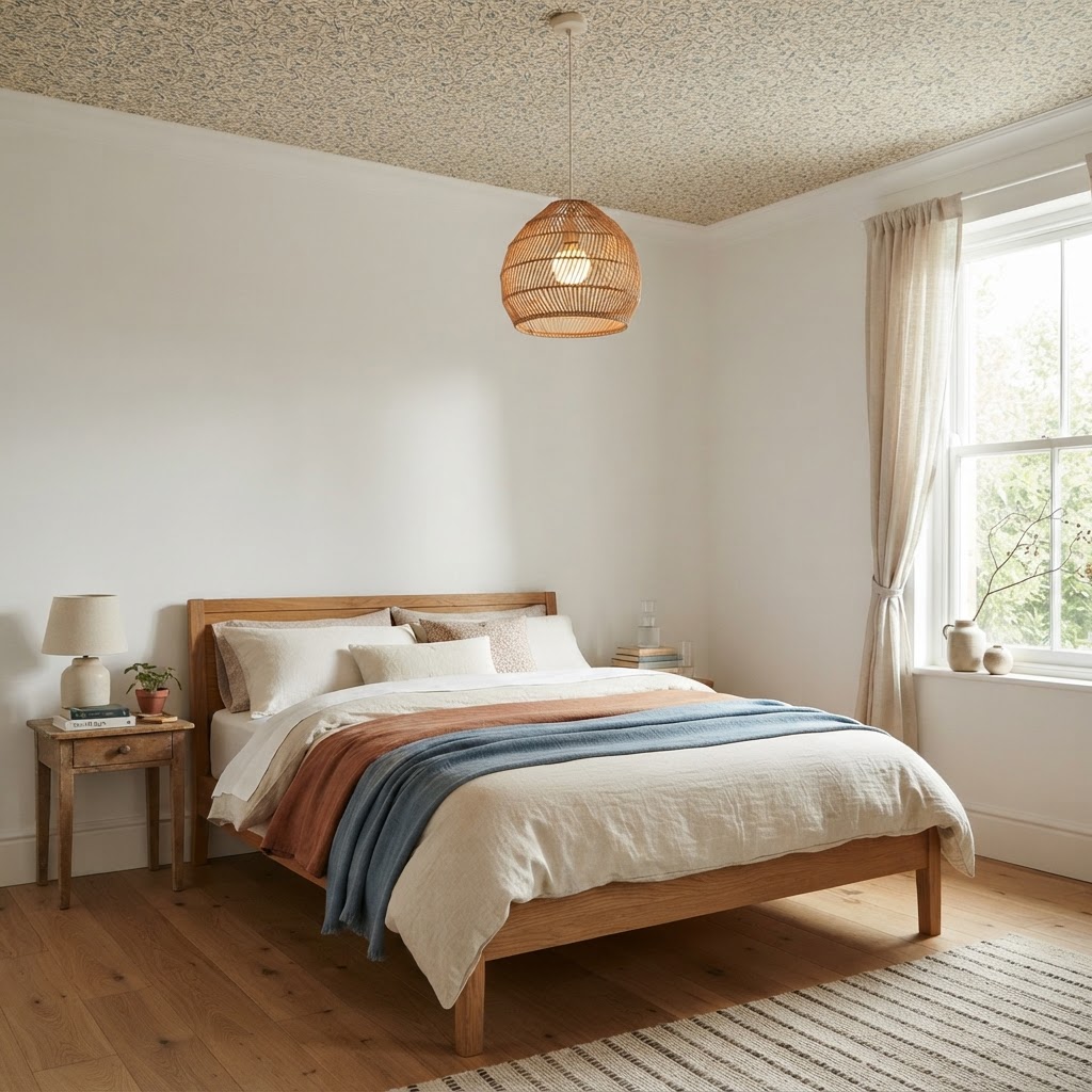 Bedroom with a delicate patterned wallpaper on the ceiling, plain white walls and a pendant light