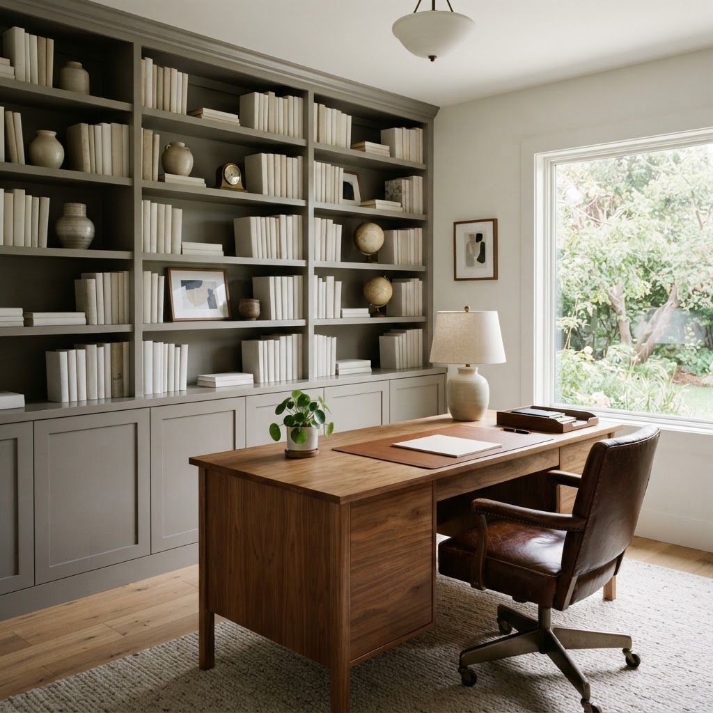 Home office with built-in shelves and cabinets painted mid-tone warm gray, a walnut desk, a leather desk chair and a table lamp