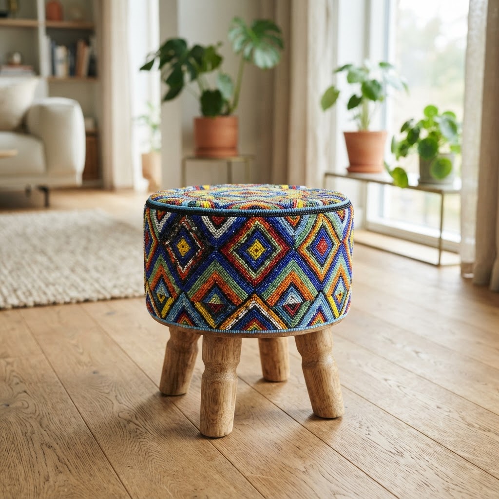 Round stool covered in colourful glass beads in geometric patterns