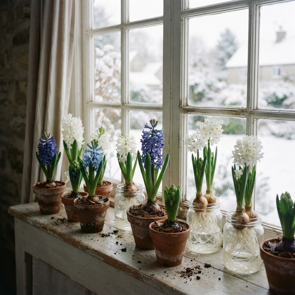 Blue and white hyacinths and paperwhites growing in small terracotta pots and glass jars on a windowsill with snow outside