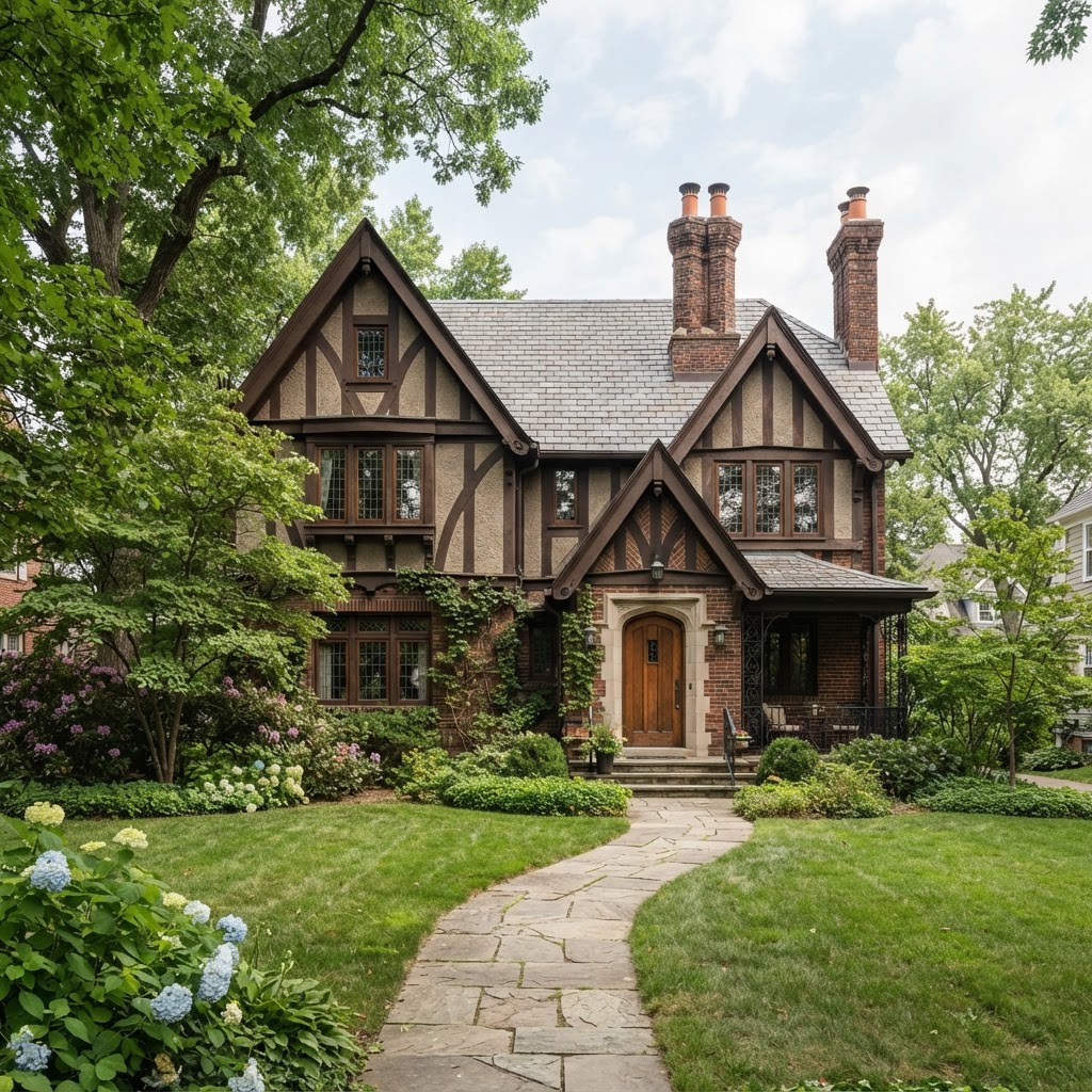 1920s Tudor Revival house with steep gables, decorative half-timbering, brick and tall chimneys
