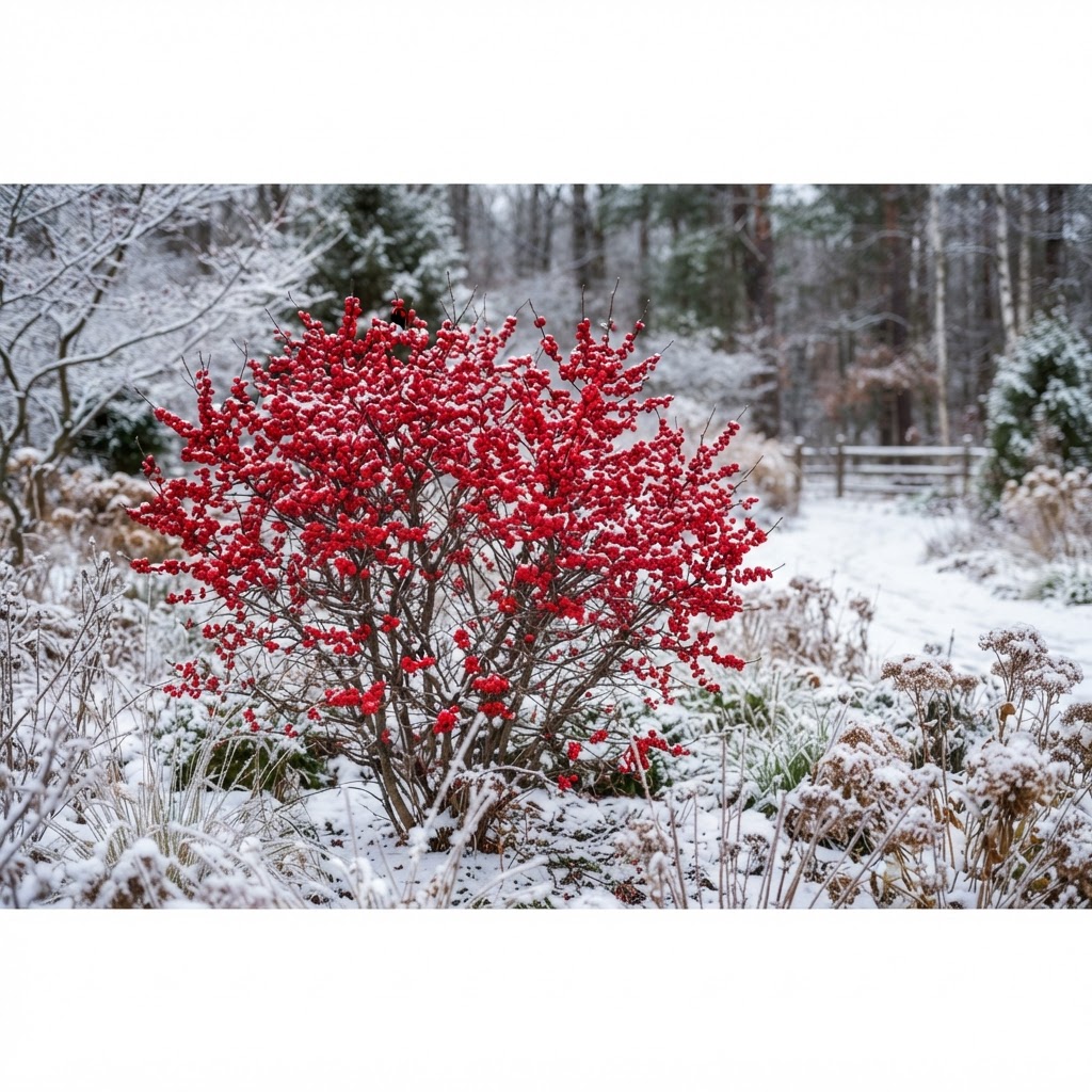 Winterberry shrub with bare stems completely covered in red berries in a snowy winter garden