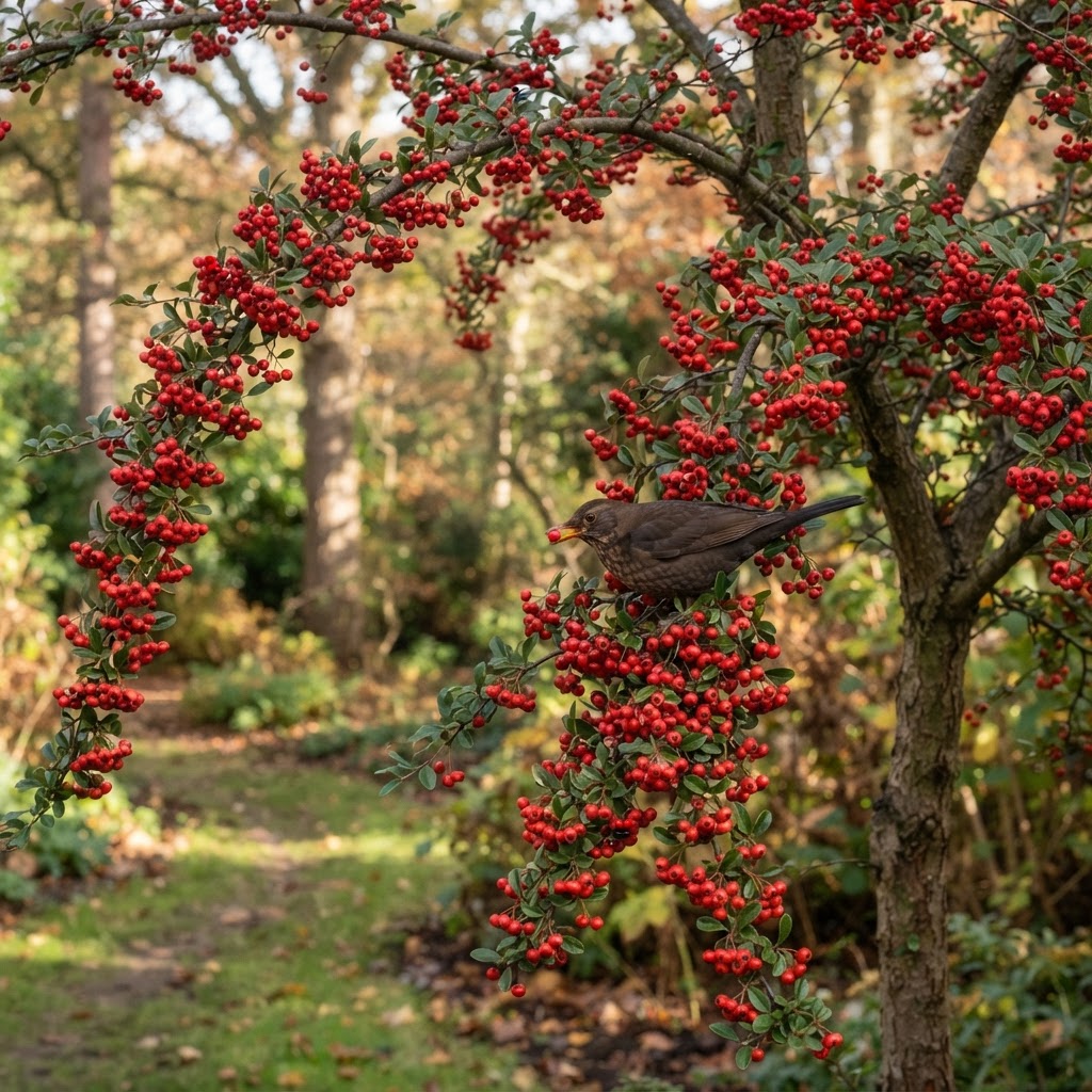 Tree cotoneaster with arching branches heavy with clusters of red berries and a blackbird feeding