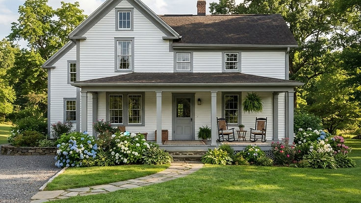 Classic white farmhouse with white clapboard siding, mid-gray painted window trim and porch posts, a wide front porch with rocking chairs, a gray front door, hydrangeas and a green lawn