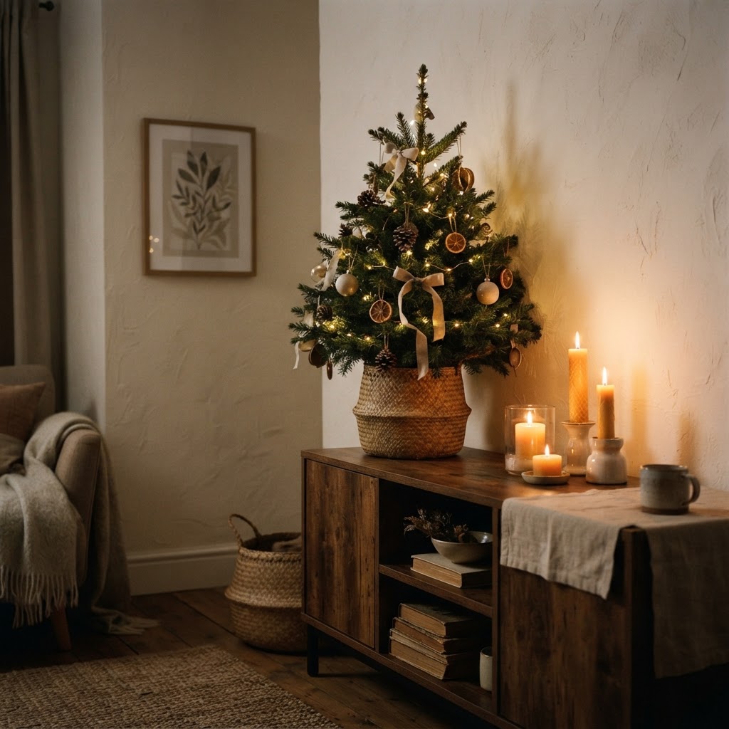 Small Christmas tree in a basket on a sideboard with LED candles and dried oranges