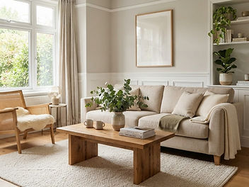 Living room with pale soft warm gray walls, white trim, a linen sofa and an oak coffee table