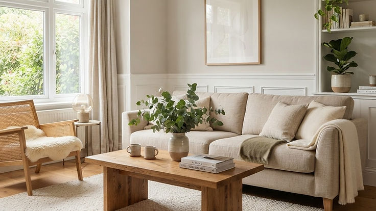 Living room with pale soft warm gray walls, white trim, a linen sofa and an oak coffee table