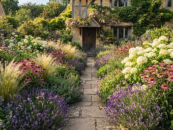 Front garden in full summer bloom with lavender, coneflowers, white hydrangeas and grasses along a stone path to a cottage door