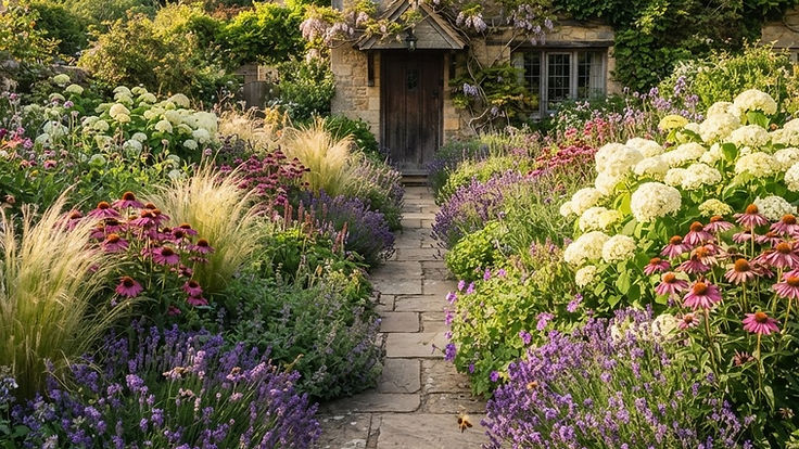 Front garden in full summer bloom with lavender, coneflowers, white hydrangeas and grasses along a stone path to a cottage door