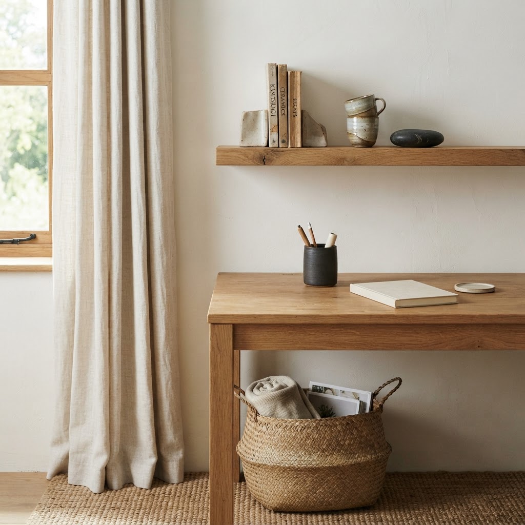 Japandi office detail with an oak wall shelf of books, handmade ceramic cups and a stone, a linen curtain, a charcoal stoneware pen pot and notebook on an oak desk and a woven basket below