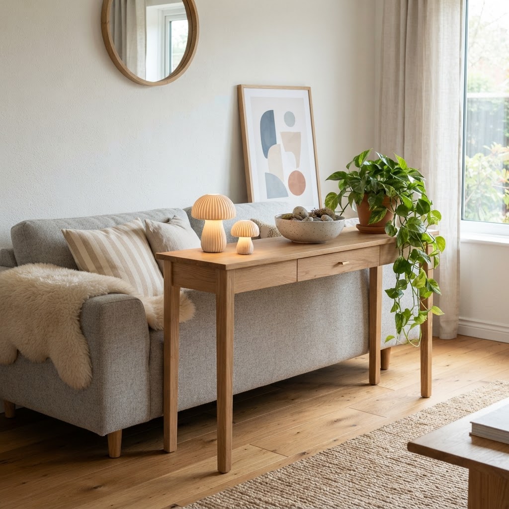 Scandi living room corner with a pale oak console table with a slim drawer beside a light grey sofa, styled with two small mushroom lamps, a ceramic bowl, a trailing plant and a leaning abstract print, with a sheepskin throw on the sofa