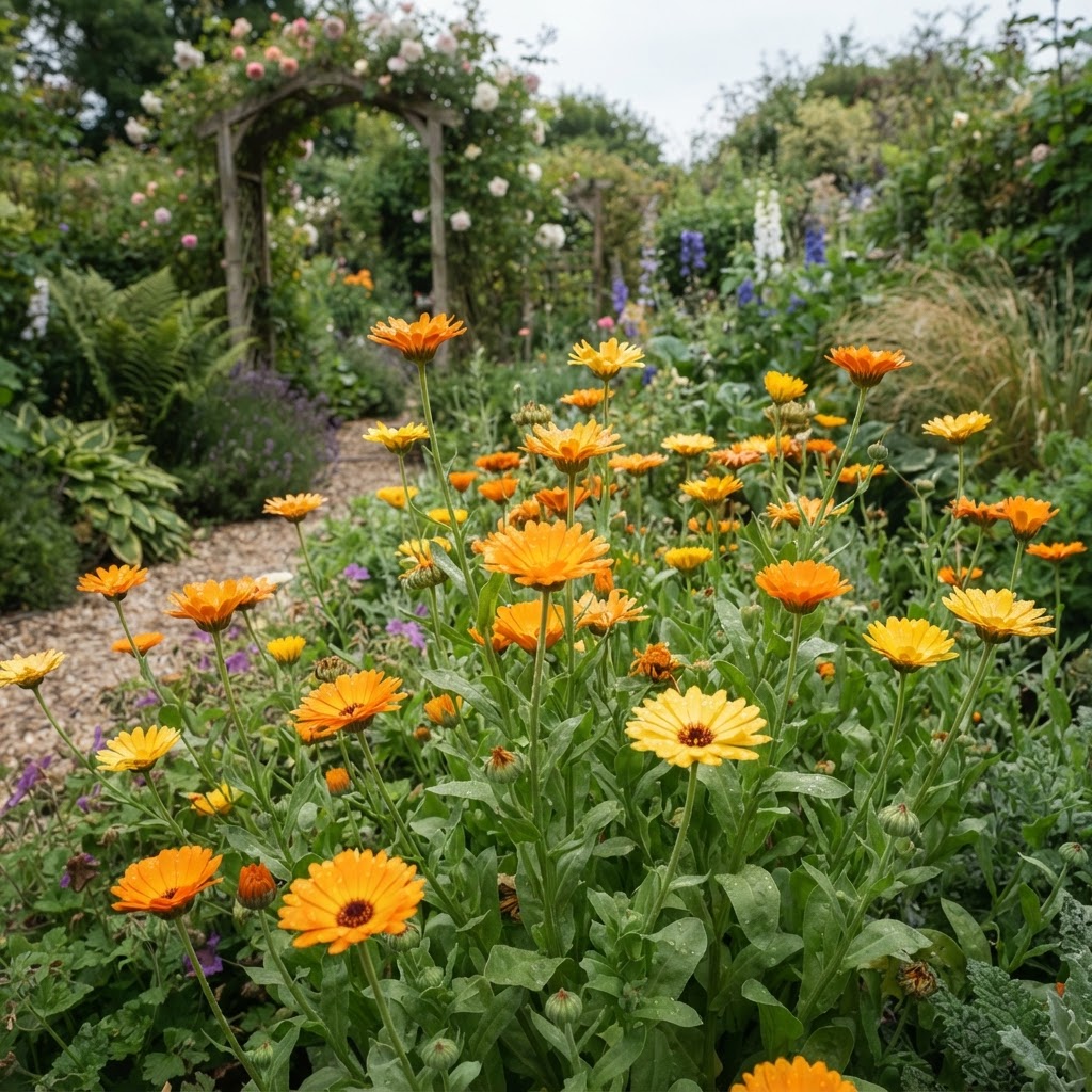 Orange and yellow pot marigold calendula flowers in a cottage garden