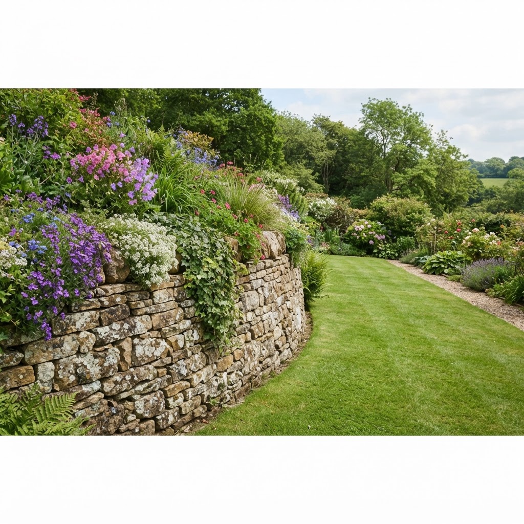 Dry stone retaining wall with plants cascading over the top and a lawn below