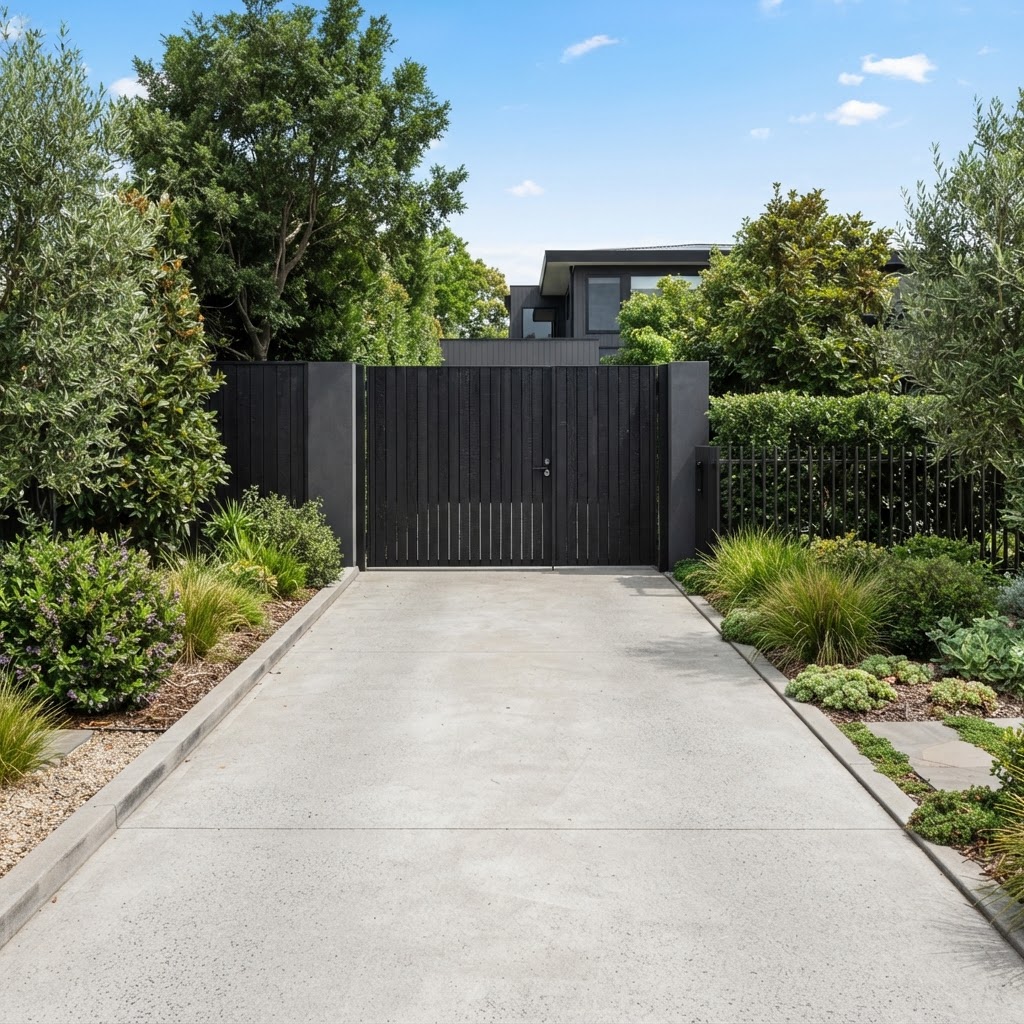 Smooth pale concrete driveway with clean lines leading to a black slatted gate