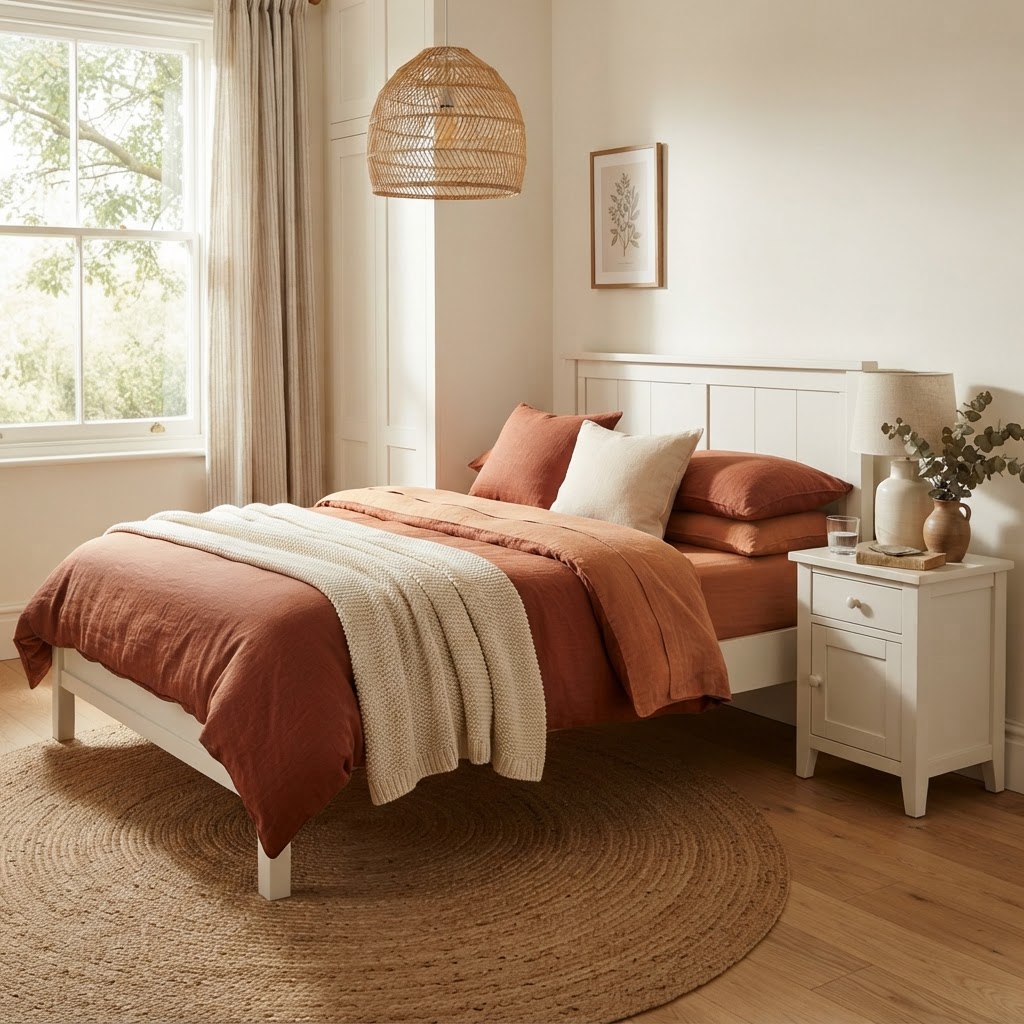 White painted bed and bedside table with rust and terracotta linen bedding under a rattan pendant